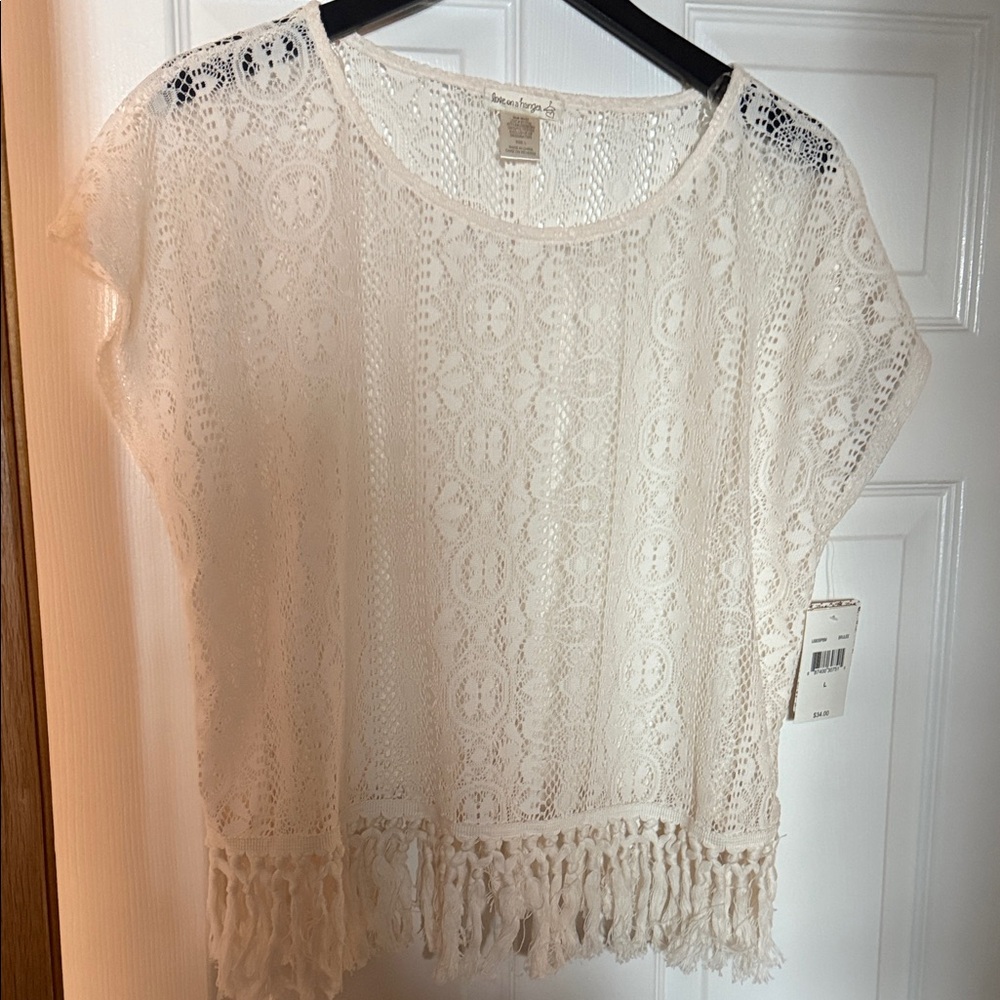 American Rag Ivory Lace Blouse with Tassels